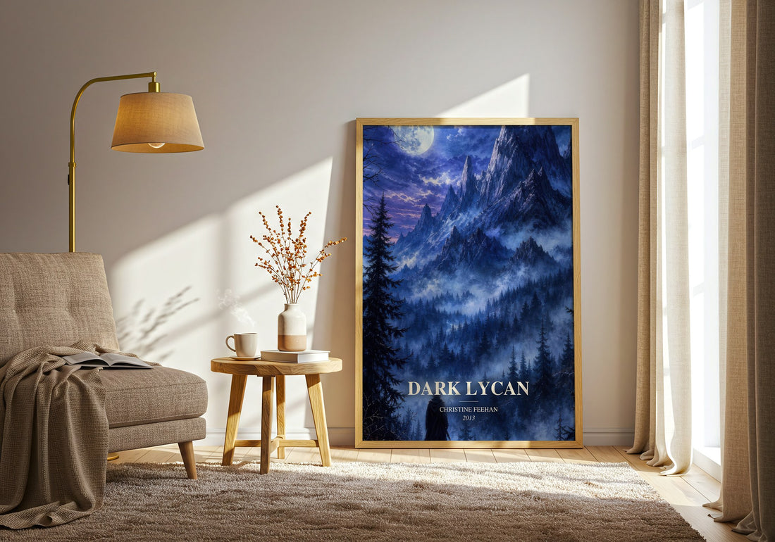 Dark Lycan watercolour print in frame leaning in hallway – romance wall art (mockup)