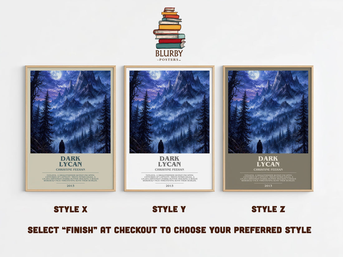 Dark Lycan bookish print in frame leaning in hallway – romance wall art (mockup)