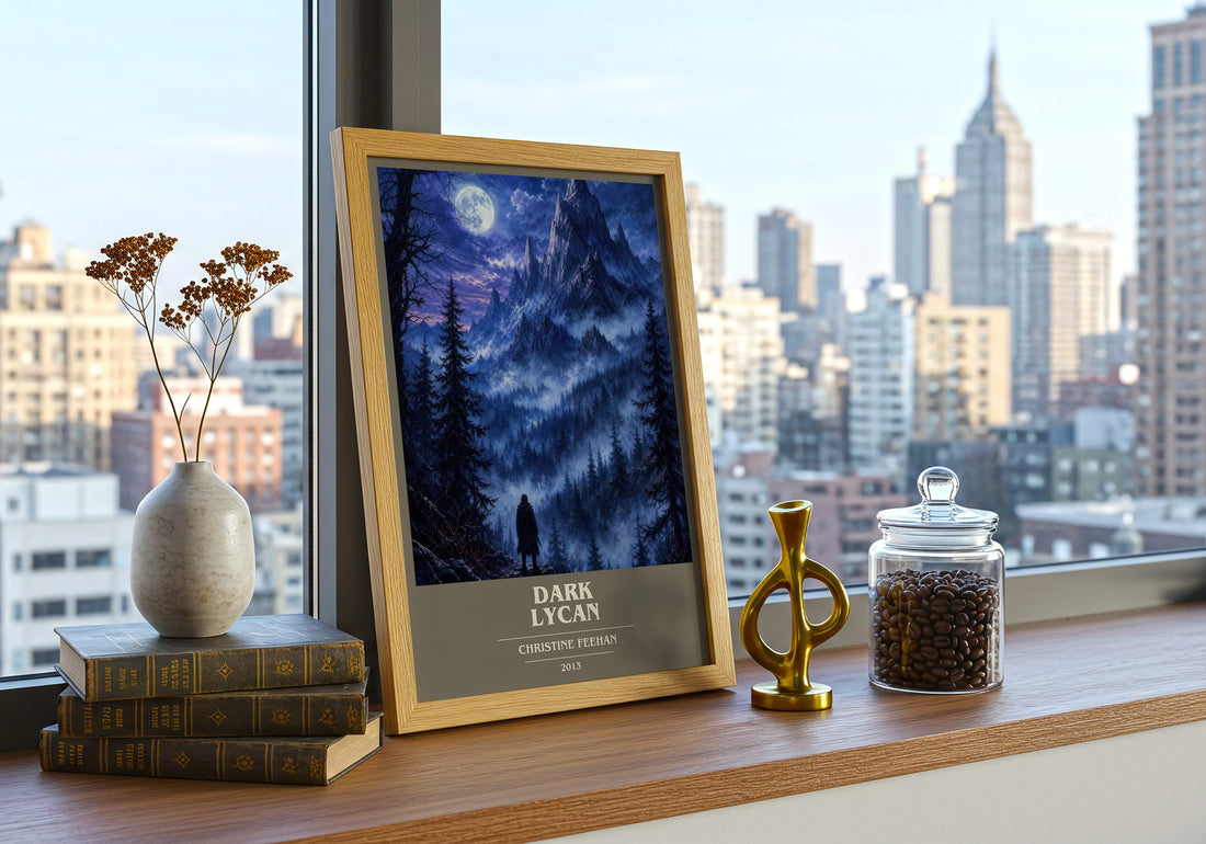 Dark Lycan book cover print framed by window – literary home decor