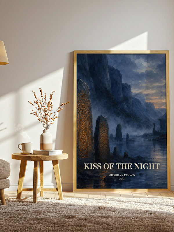 Kiss of the Night watercolour print in frame leaning in hallway – romance wall art