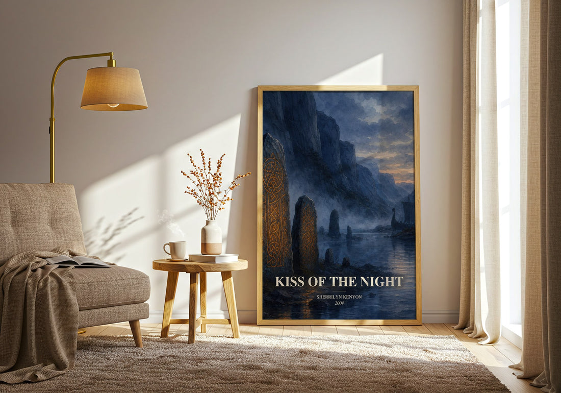 Kiss of the Night watercolour print in frame leaning in hallway – romance wall art (mockup)