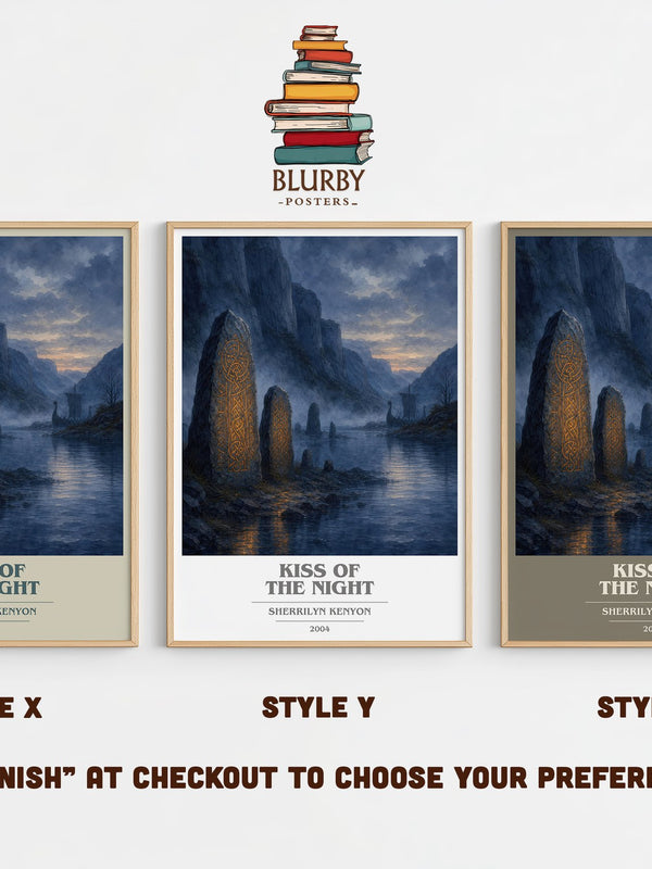 Kiss of the Night book cover print in frame leaning in hallway – romance wall art