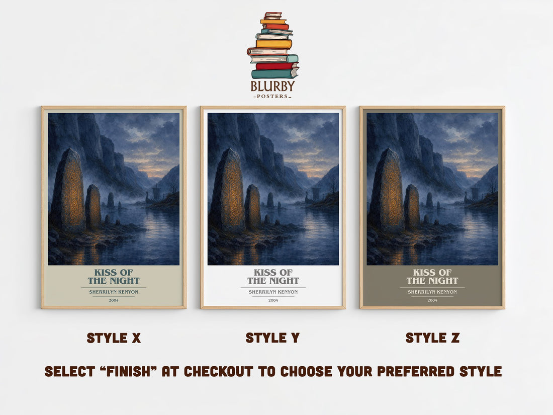 Kiss of the Night book cover print in frame leaning in hallway – romance wall art (mockup)