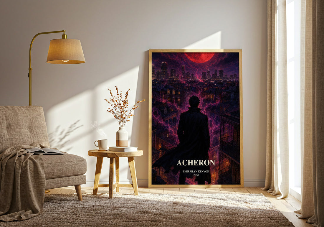 Acheron watercolour print in frame leaning in hallway – fantasy wall art (mockup)