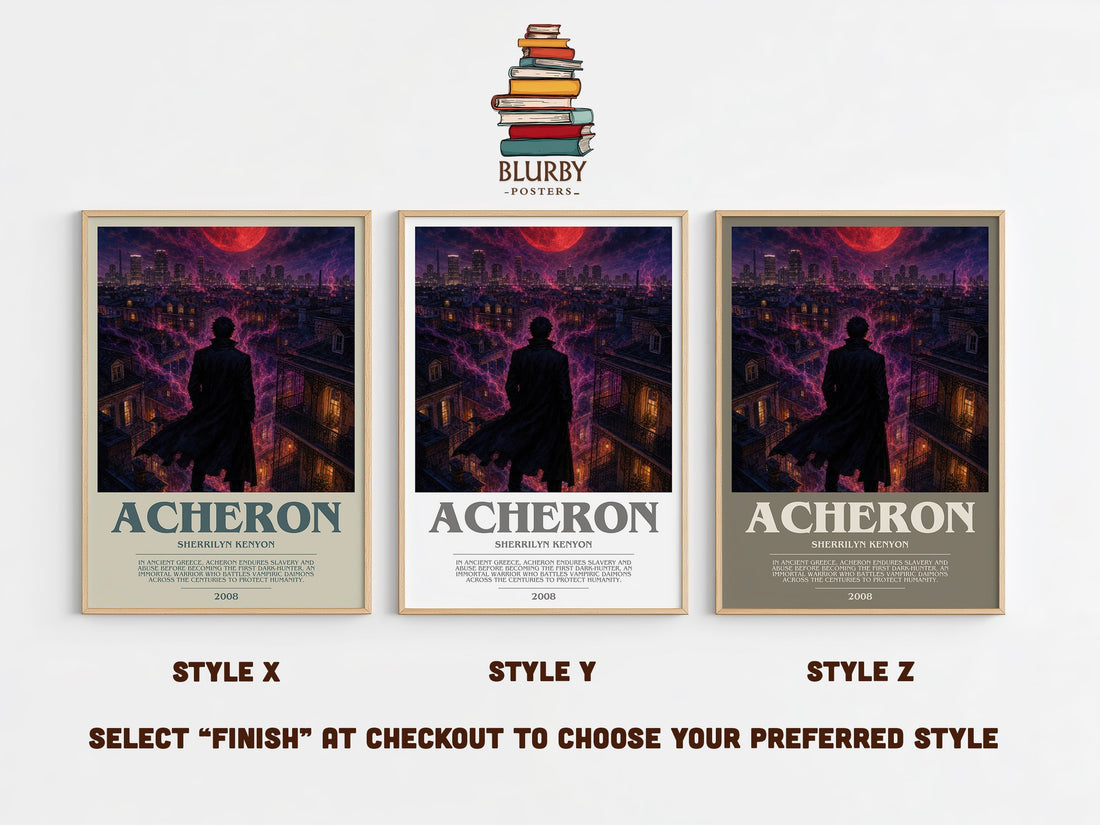 Acheron bookish print in frame leaning in hallway – fantasy wall art (mockup)