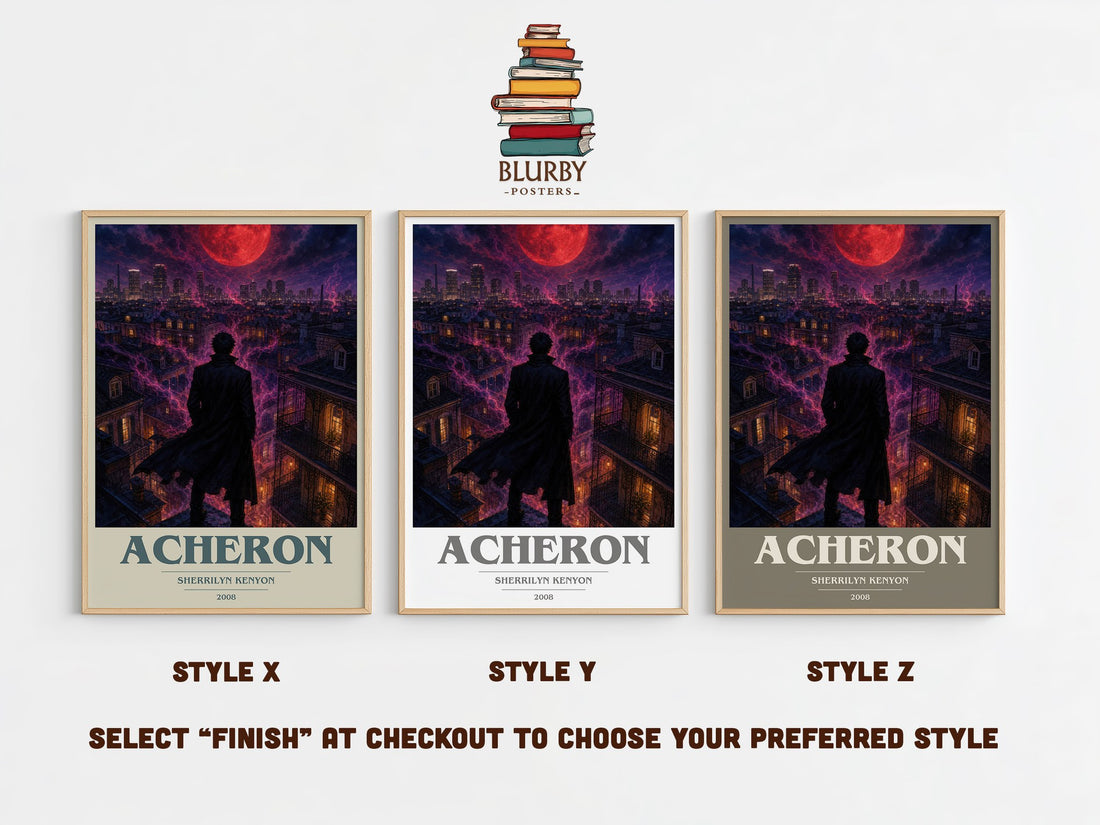 Acheron book cover print in frame leaning in hallway – fantasy wall art (mockup)