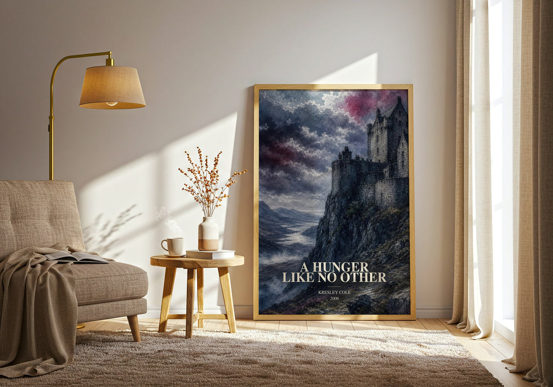 A Hunger Like No Other watercolour print in frame leaning in hallway – romance wall art (mockup)