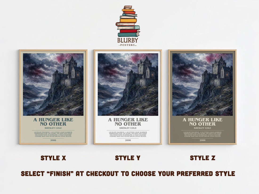 A Hunger Like No Other bookish print in frame leaning in hallway – romance wall art (mockup)