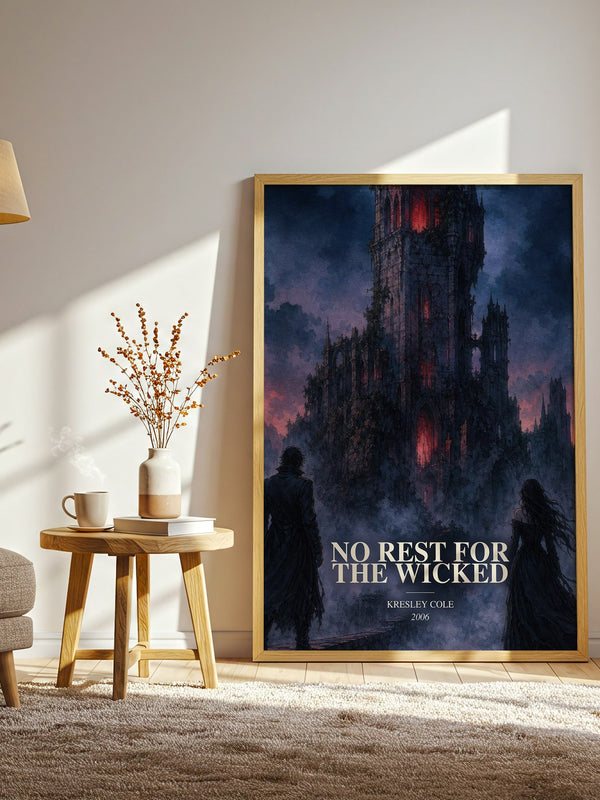 No Rest for the Wicked watercolour print in frame leaning in hallway – romance wall art