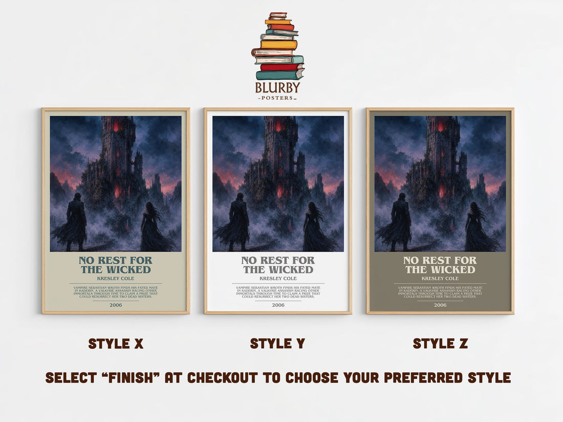 No Rest for the Wicked bookish print in frame leaning in hallway – romance wall art (mockup)