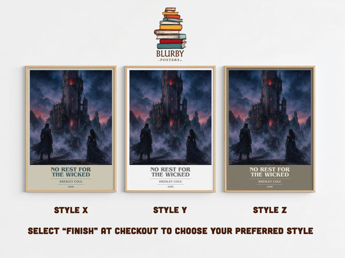 No Rest for the Wicked book cover print in frame leaning in hallway – romance wall art (mockup)