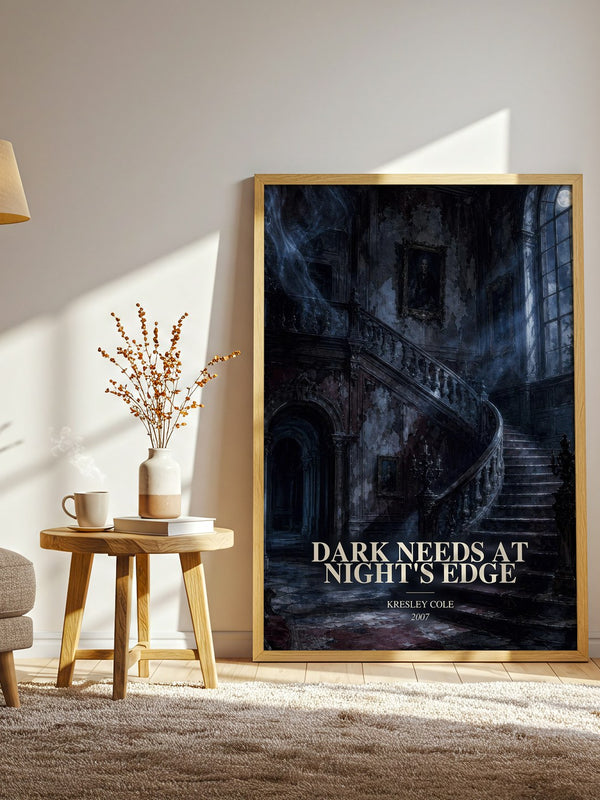 Dark Needs at Night's Edge watercolour print in frame leaning in hallway – romance wall art