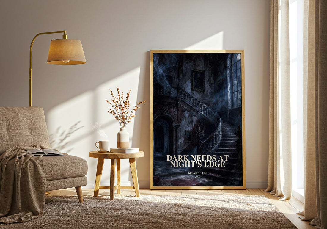 Dark Needs at Night's Edge watercolour print in frame leaning in hallway – romance wall art (mockup)