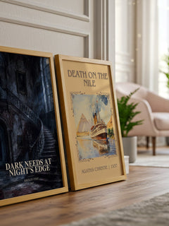 Dark Needs at Night's Edge watercolour print framed by window – literary home decor