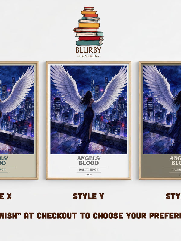 Angels' Blood book cover print in frame leaning in hallway – fantasy wall art