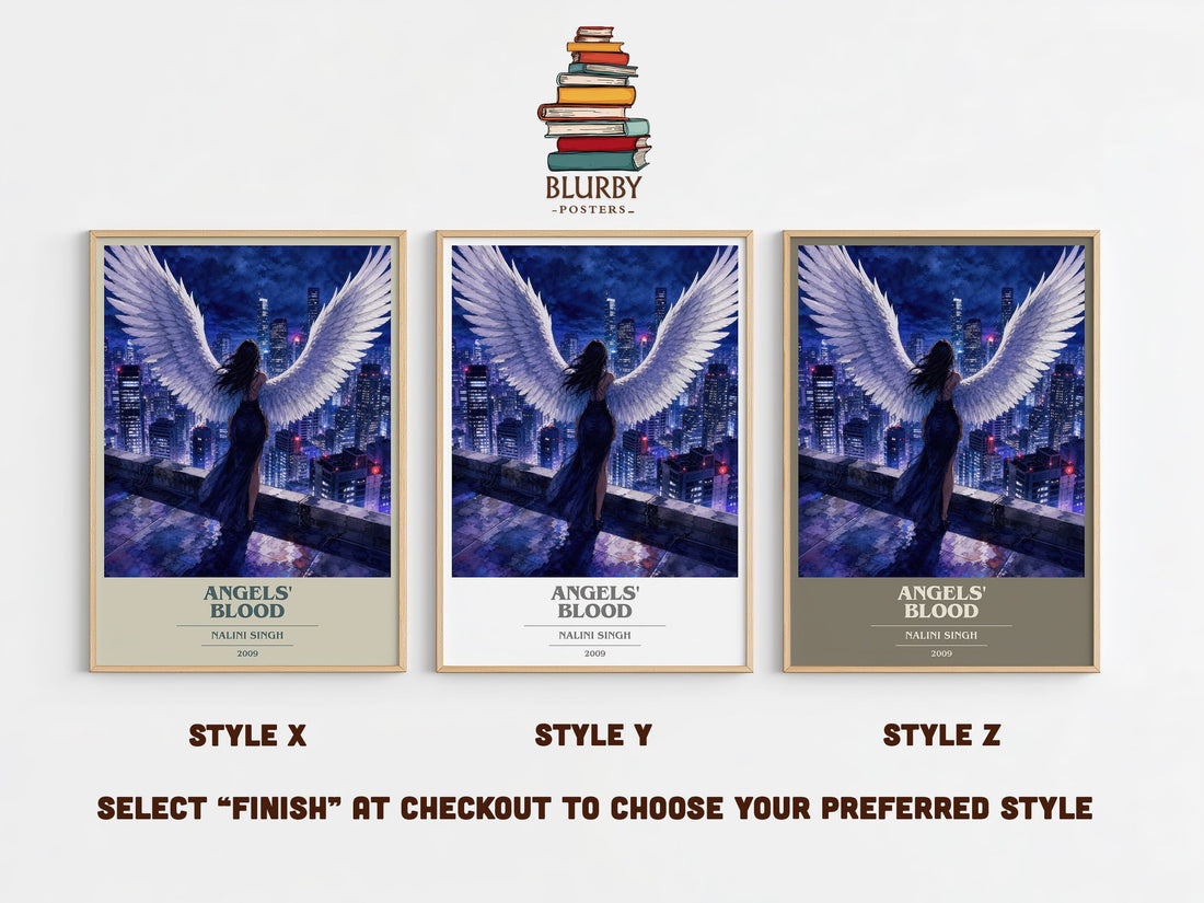 Angels' Blood book cover print in frame leaning in hallway – fantasy wall art (mockup)