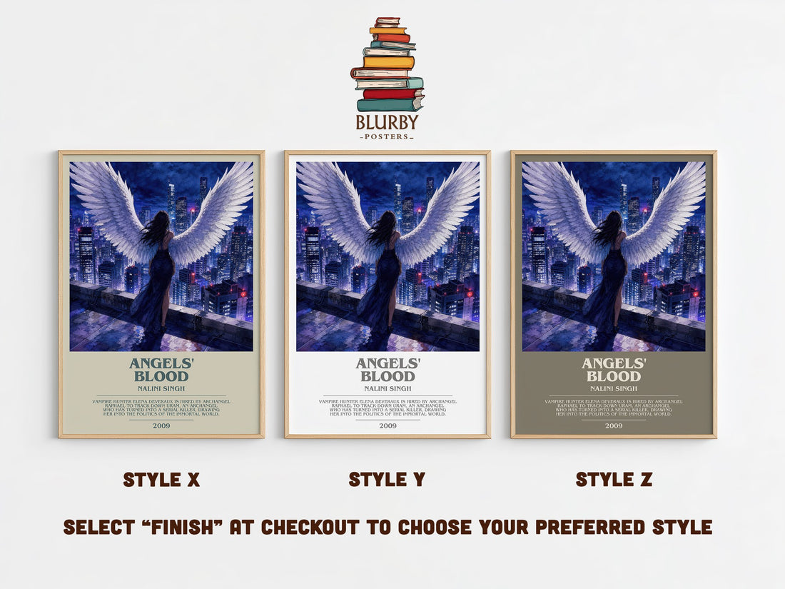 Angels' Blood bookish print in frame leaning in hallway – fantasy wall art (mockup)