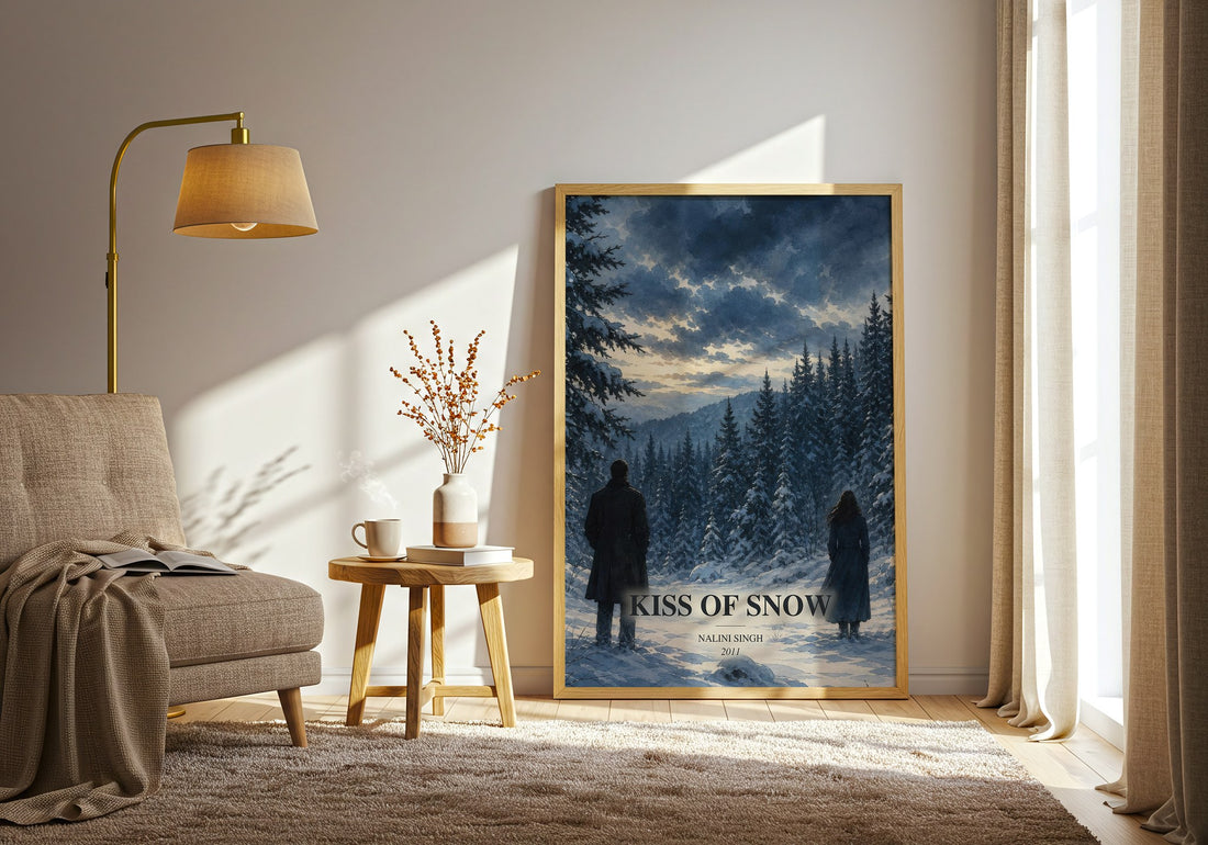 Kiss of Snow watercolour print in frame leaning in hallway – romance wall art (mockup)
