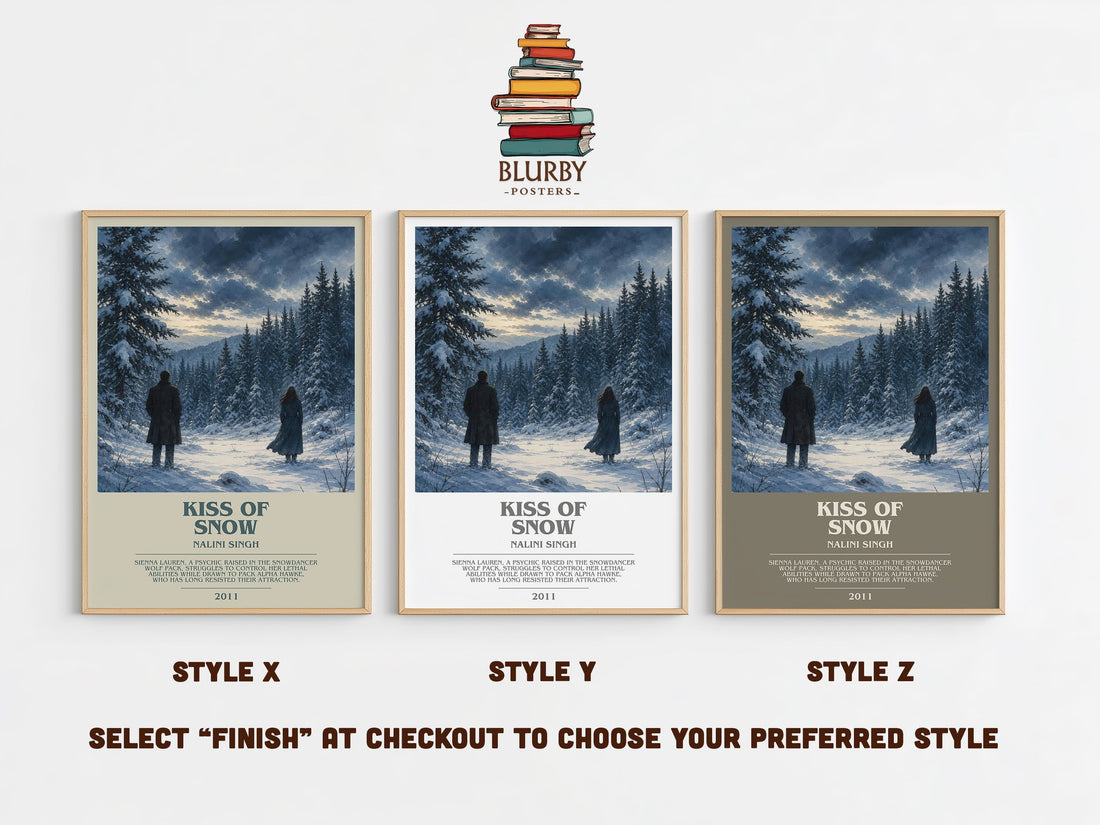 Kiss of Snow bookish print in frame leaning in hallway – romance wall art (mockup)