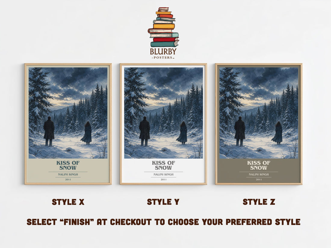 Kiss of Snow book cover print in frame leaning in hallway – romance wall art (mockup)