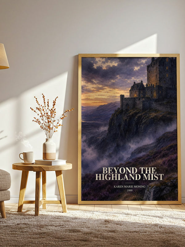 Beyond the Highland Mist watercolour print in frame leaning in hallway – romance wall art