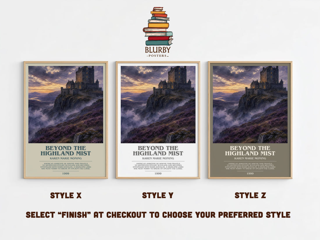 Beyond the Highland Mist bookish print in frame leaning in hallway – romance wall art (mockup)