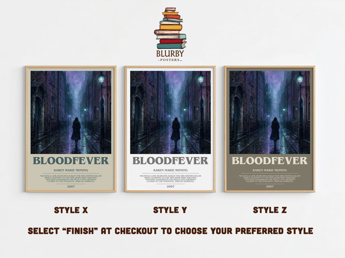 Bloodfever bookish print in frame leaning in hallway – fantasy wall art (mockup)