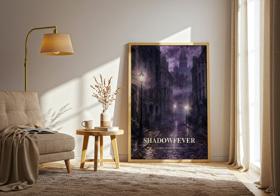 Shadowfever watercolour print in frame leaning in hallway – fantasy wall art (mockup)