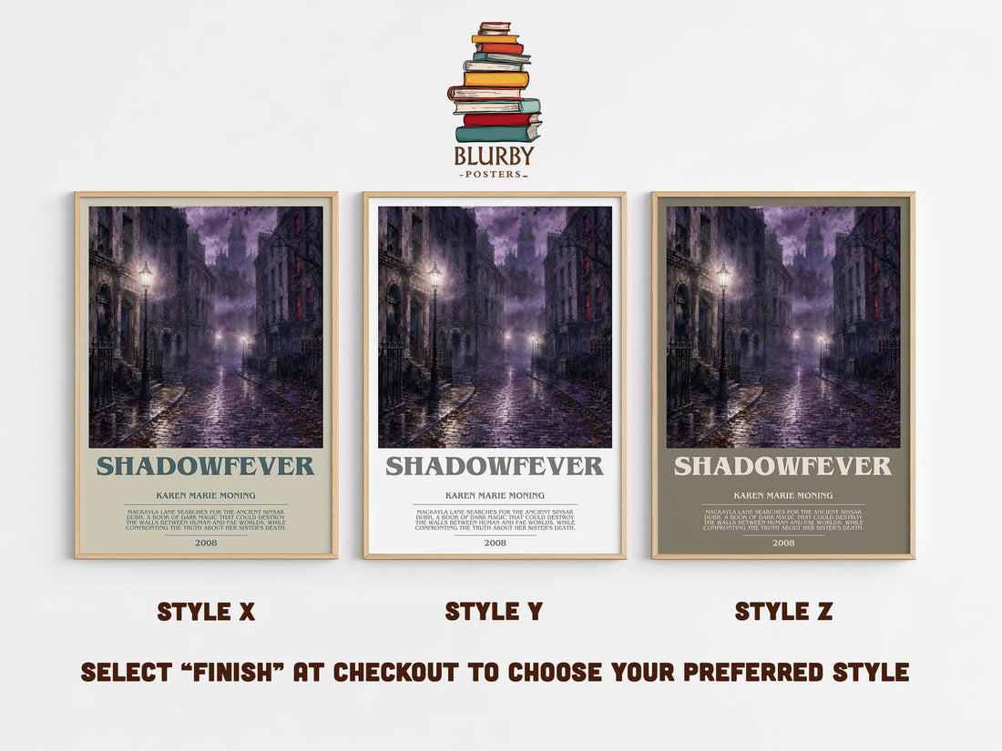 Shadowfever bookish print in frame leaning in hallway – fantasy wall art (mockup)