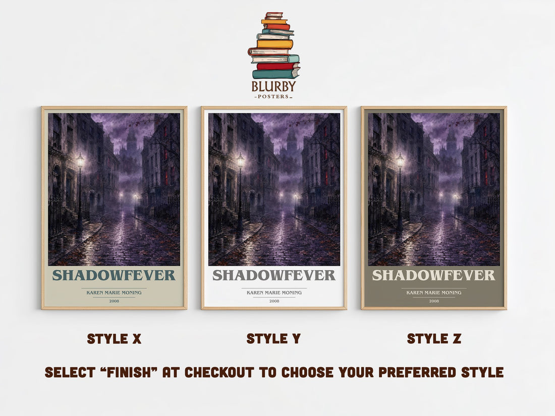 Shadowfever book cover print in frame leaning in hallway – fantasy wall art (mockup)