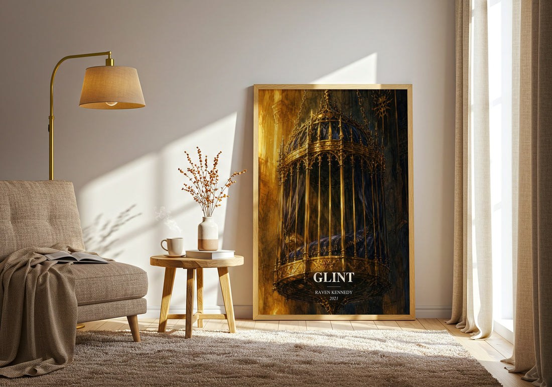 Glint watercolour print in frame leaning in hallway – fantasy wall art (mockup)