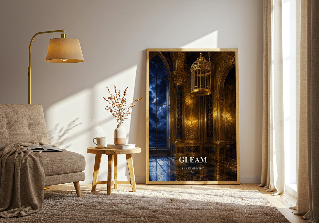 Gleam watercolour print in frame leaning in hallway – fantasy wall art (mockup)