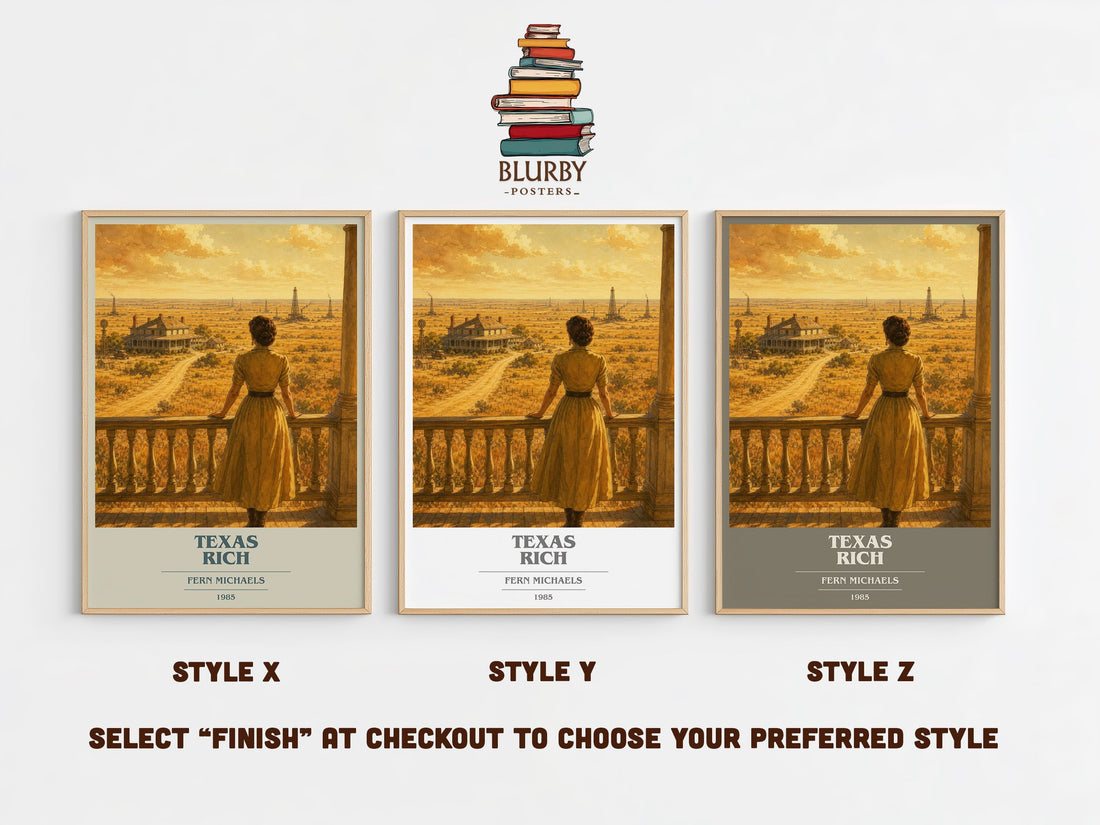 Texas Rich book cover print in frame leaning in hallway – contemporary fiction wall art (mockup)