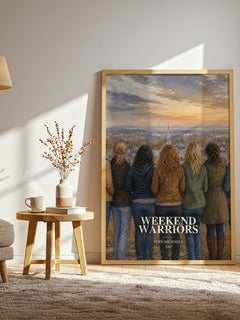 Weekend Warriors watercolour print in frame leaning in hallway – contemporary fiction wall art
