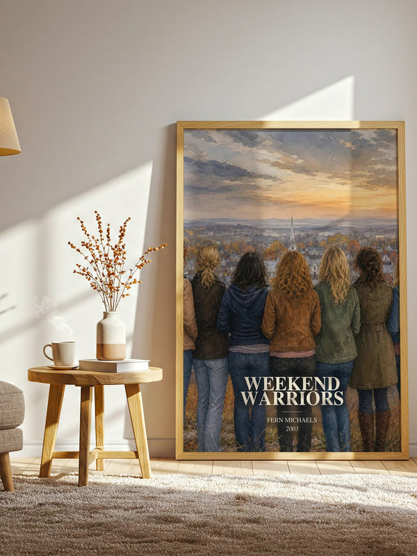 Weekend Warriors watercolour print in frame leaning in hallway – contemporary fiction wall art