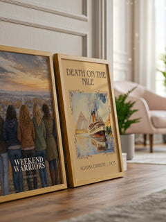 Weekend Warriors watercolour print framed by window – literary home decor