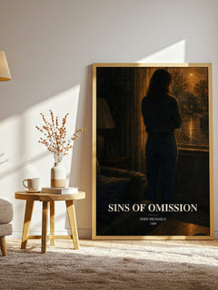 Sins of Omission watercolour print in frame leaning in hallway – contemporary fiction wall art