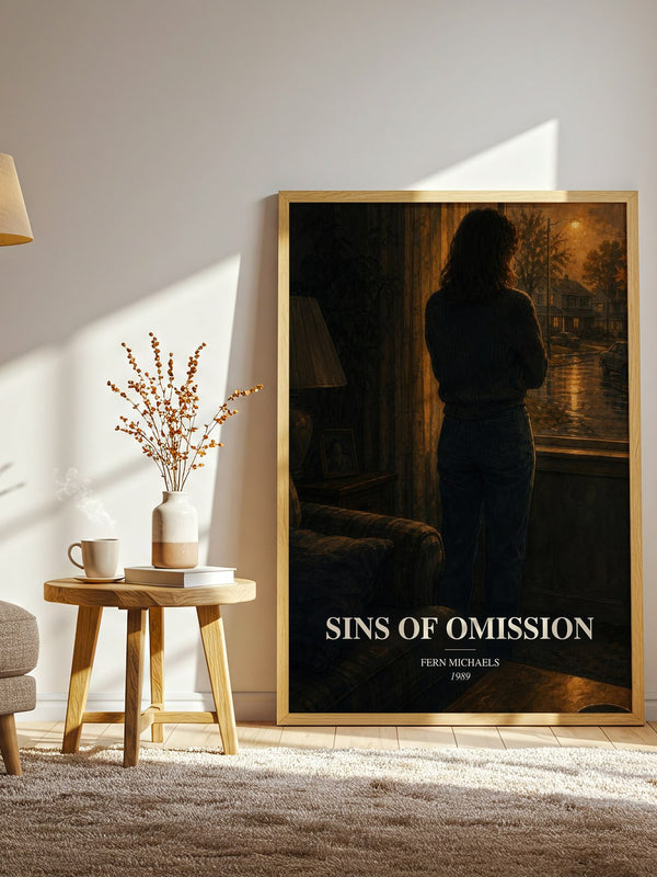 Sins of Omission watercolour print in frame leaning in hallway – contemporary fiction wall art