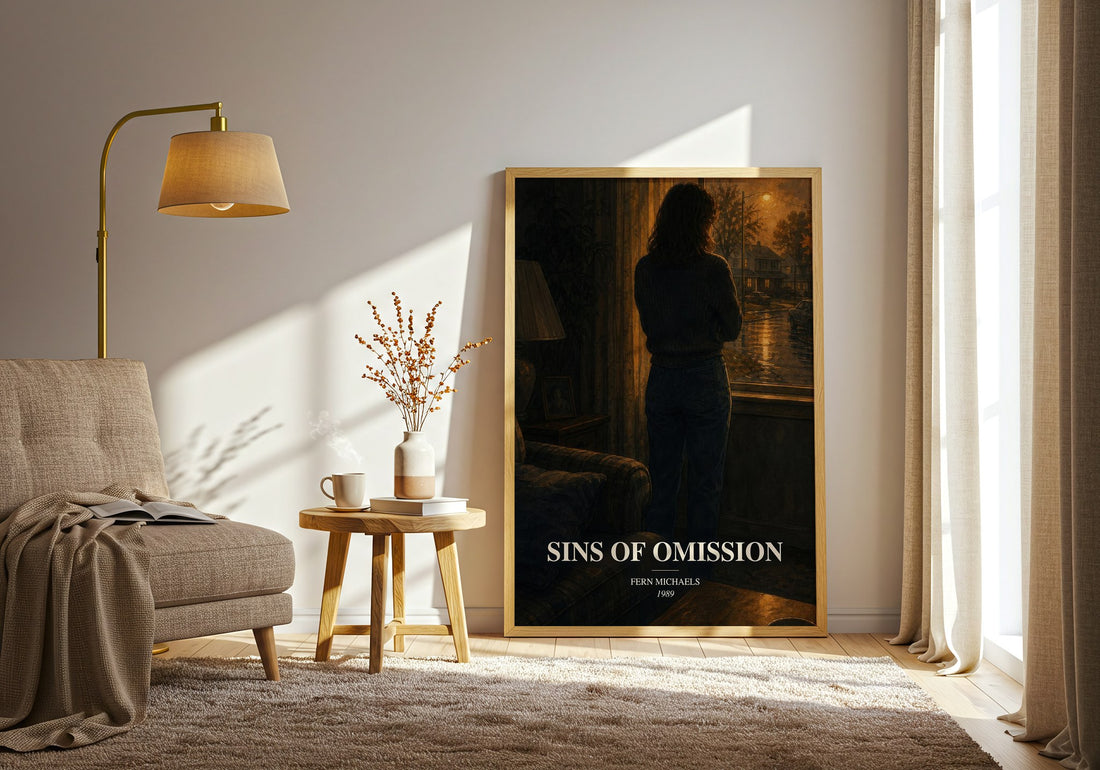 Sins of Omission watercolour print in frame leaning in hallway – contemporary fiction wall art (mockup)