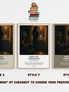 Sins of Omission bookish print in frame leaning in hallway – contemporary fiction wall art