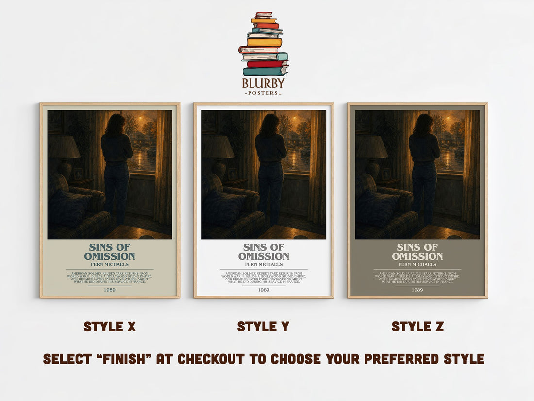 Sins of Omission bookish print in frame leaning in hallway – contemporary fiction wall art (mockup)