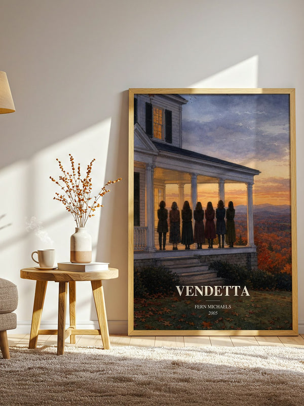 Vendetta watercolour print in frame leaning in hallway – legal thriller wall art