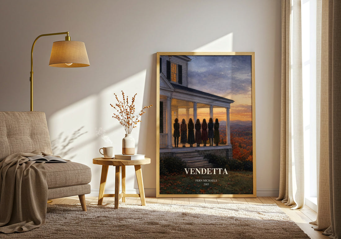 Vendetta watercolour print in frame leaning in hallway – legal thriller wall art (mockup)