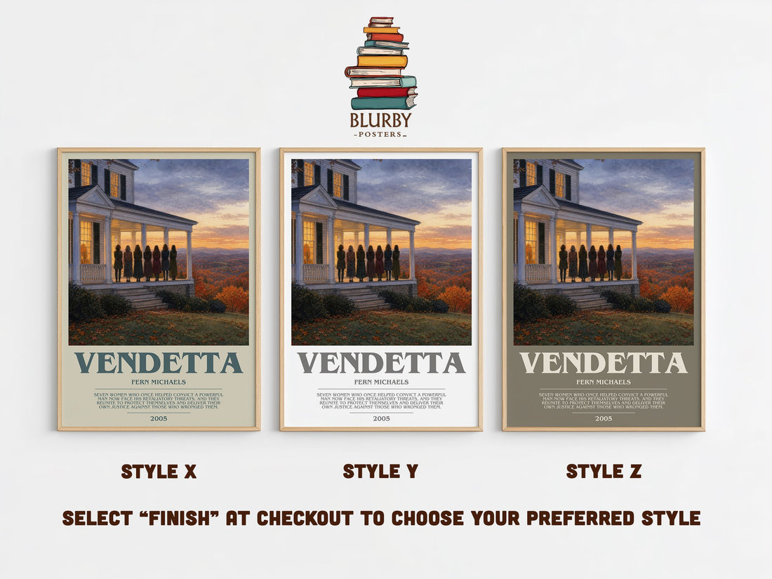 Vendetta bookish print in frame leaning in hallway – legal thriller wall art (mockup)