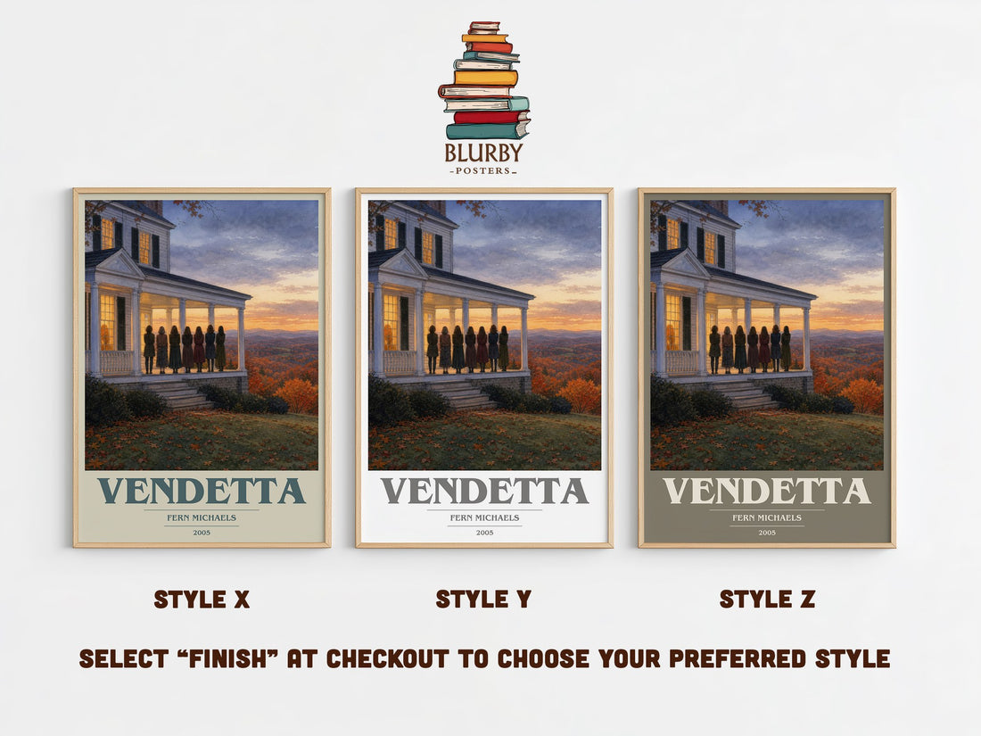 Vendetta book cover print in frame leaning in hallway – legal thriller wall art (mockup)