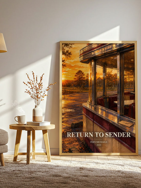 Return to Sender watercolour print in frame leaning in hallway – contemporary fiction wall art
