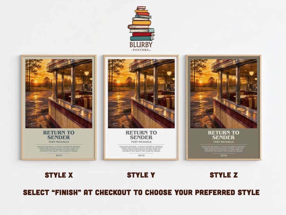 Return to Sender bookish print in frame leaning in hallway – contemporary fiction wall art (mockup)