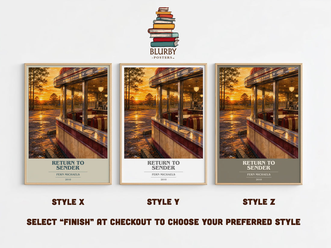 Return to Sender book cover print in frame leaning in hallway – contemporary fiction wall art (mockup)