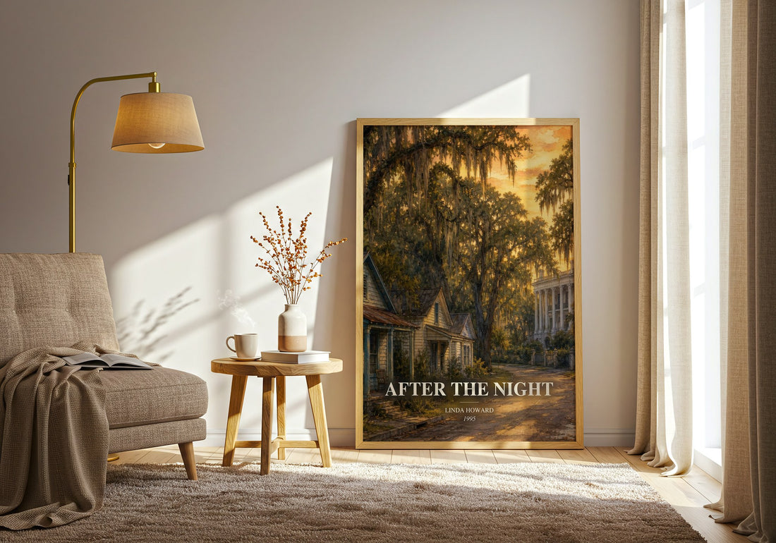 After the Night watercolour print in frame leaning in hallway – romance wall art (mockup)