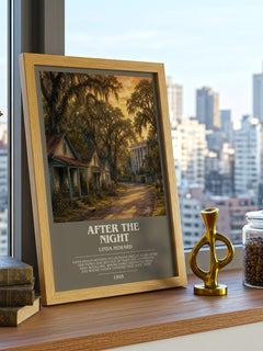 After the Night bookish print framed by window – literary home decor